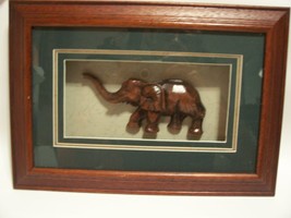 Carved Wood Elephant Sculpture in Wood Frame and Matted Under Glass 15&quot; x 10&quot; - £19.71 GBP