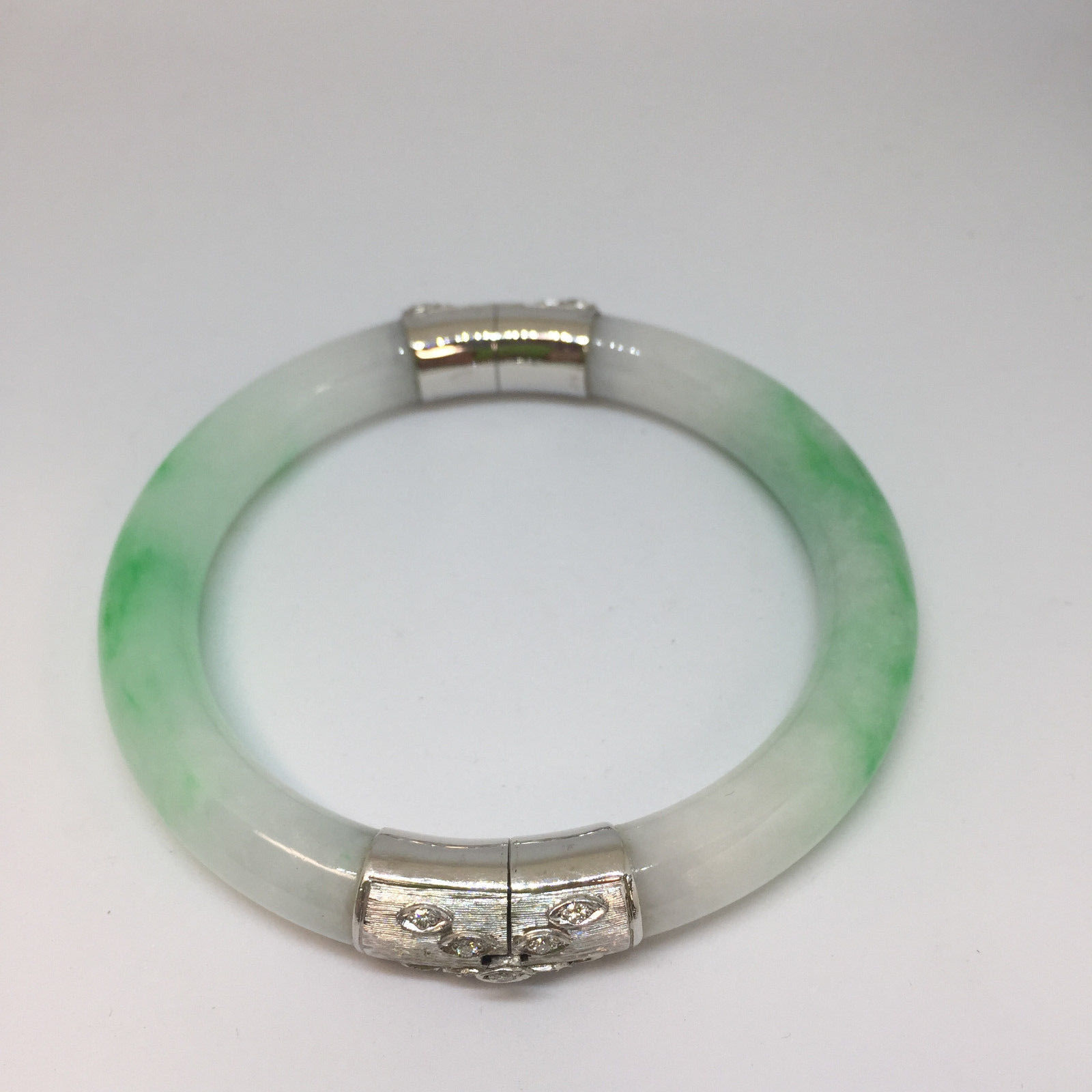 Authentic Jadeite Hinged Bangle Bracelet wtih 14K White Gold and Diamonds - $1,885.25