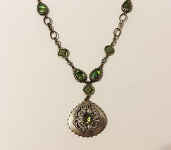 Mother Of Pearl Necklace Blue Green Stones Ornate Silver Metal Pendant Chain - £59.95 GBP