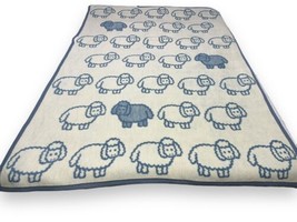 Vtg Vuteks Crown Crafts Sheep Reversible Acrylic Throw Blanket Blue Ivory 56x80” - £77.62 GBP