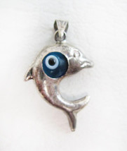 Unique Vintage 925 Sterling Silver Dolphin Pendant With Clear Blue Center Stone - £15.50 GBP