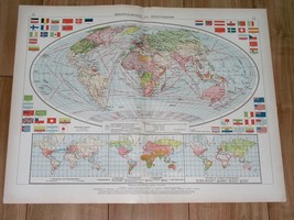 1930 Original Vintage Map Of The World Transportation Colonies America Asia - £26.62 GBP
