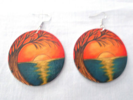 West Coast Sunset Scene with Tree Airbrush Wood Earrings 3&quot; Dangle Drop - $5.99