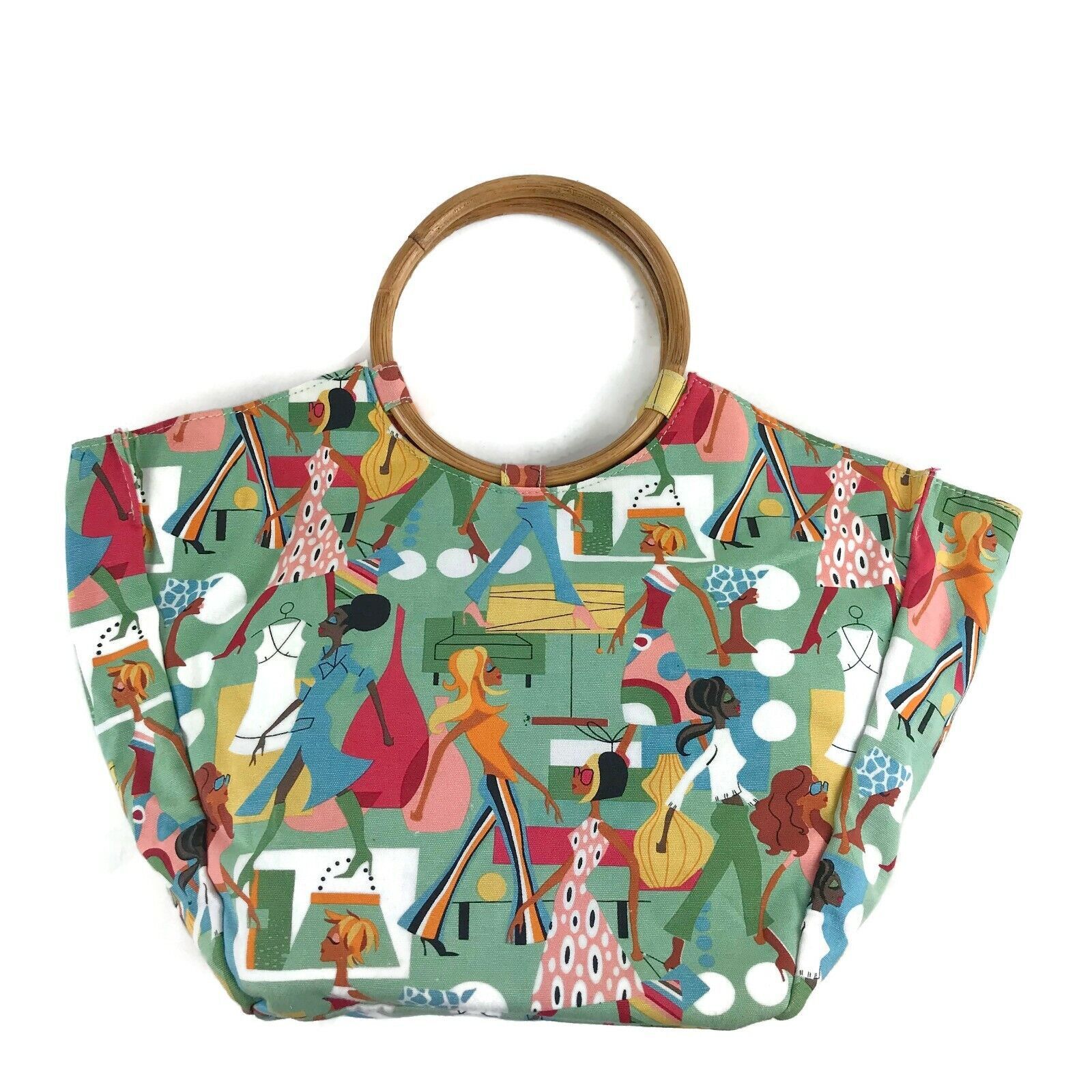 Neiman Marcus Tote Bamboo Handles Pastel Print Women Shoppers Cotton Can... - $22.40