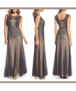 Adrianna Papell Illusion Beaded Chiffon Gown Gunmetal $300 4 Petite - €61,92 EUR