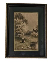 1930s Vintage Framed &amp; Matted Lithograph Print Country Cottage Scene 15&quot; x 11&quot; - £19.48 GBP