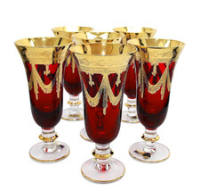 High Class Elegance Vintage Style 24k Gold Accent Red Crystal Wine Glass Champag - £239.74 GBP