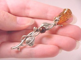 (p729) Orange Amber carved ROSE bud .925 Sterling SILVER Lapel PIN Brooch Poland - £41.67 GBP