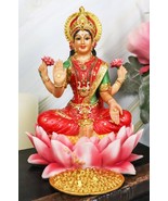 Hindu Goddess Of Prosperity Lakshmi Seated On Lotus Flower Statue Figuri... - $61.11 CAD