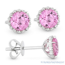 1.50ct Pink Lab-Created Sapphire &amp; Diamond Halo Stud Earrings in 14k White Gold - £258.18 GBP