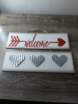 New Valentines Day "Welcome" Decor Wall Hanging Sign, metal hearts - $18.69