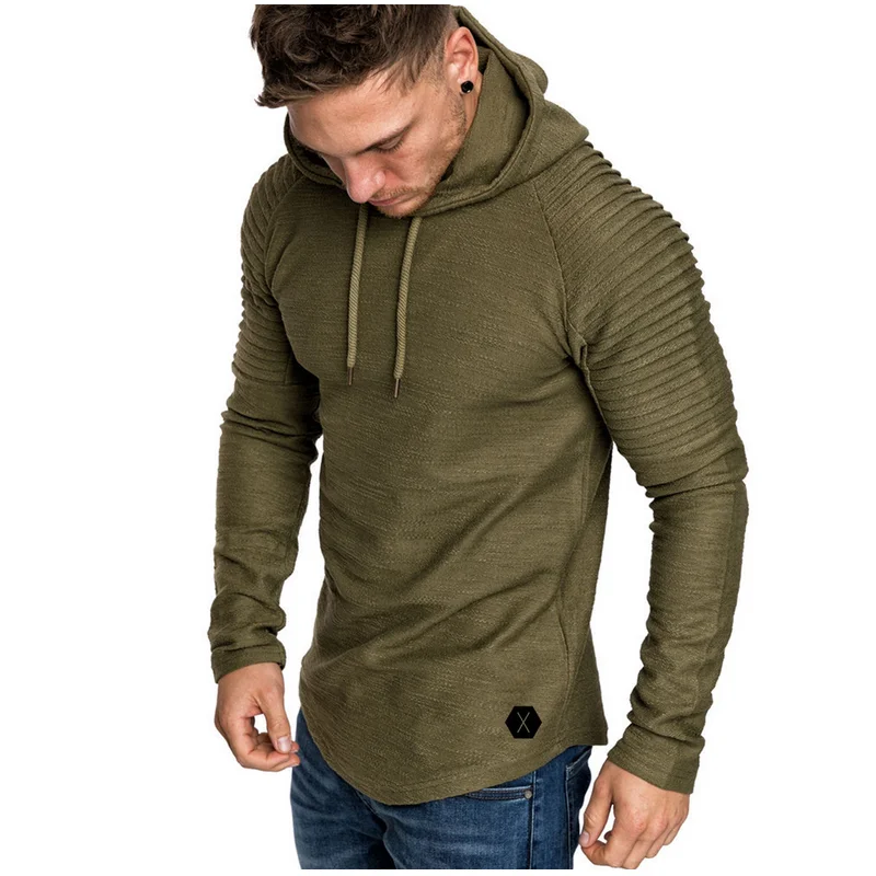 Men&#39;s slim slim Solid color Hooded Long sleeve T-shirt Striped pleated c... - £30.34 GBP