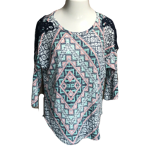 Absolutely Famous Women&#39;s Shirt ~ Sz L  ~ 3/4 Sleeve ~ Blue &amp; Pink ~ Round Neck - £10.65 GBP