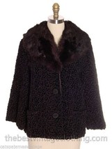 Mob Wife RETRO Vintage Faux Karakul Lamb Coat Shorty Real Fur Collar 196... - $177.31