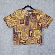 Vintage 90s Sag Harbor Petite Blouse Women Medium Earth Tone Patchwork Pattern - $13.09