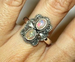 Natural Ethiopian Multi-Color Opal Ring .925 Sterling Silver Floral Design Sz 8 - £28.23 GBP