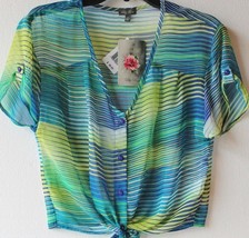 Lily Rose Juniors L Large Striped Green Blue White Front Tie Blouse - $14.99
