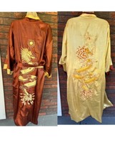 Asian Kimono Large Reversible Yellow Brown Satin Full Long Length Robe Pockets - £53.15 GBP