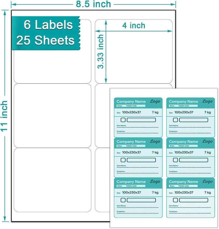3.33x4 in Labels - 25 Sheets 6 Label Stickers Paper for Inkjet/Laser Printer 150 Item image 5