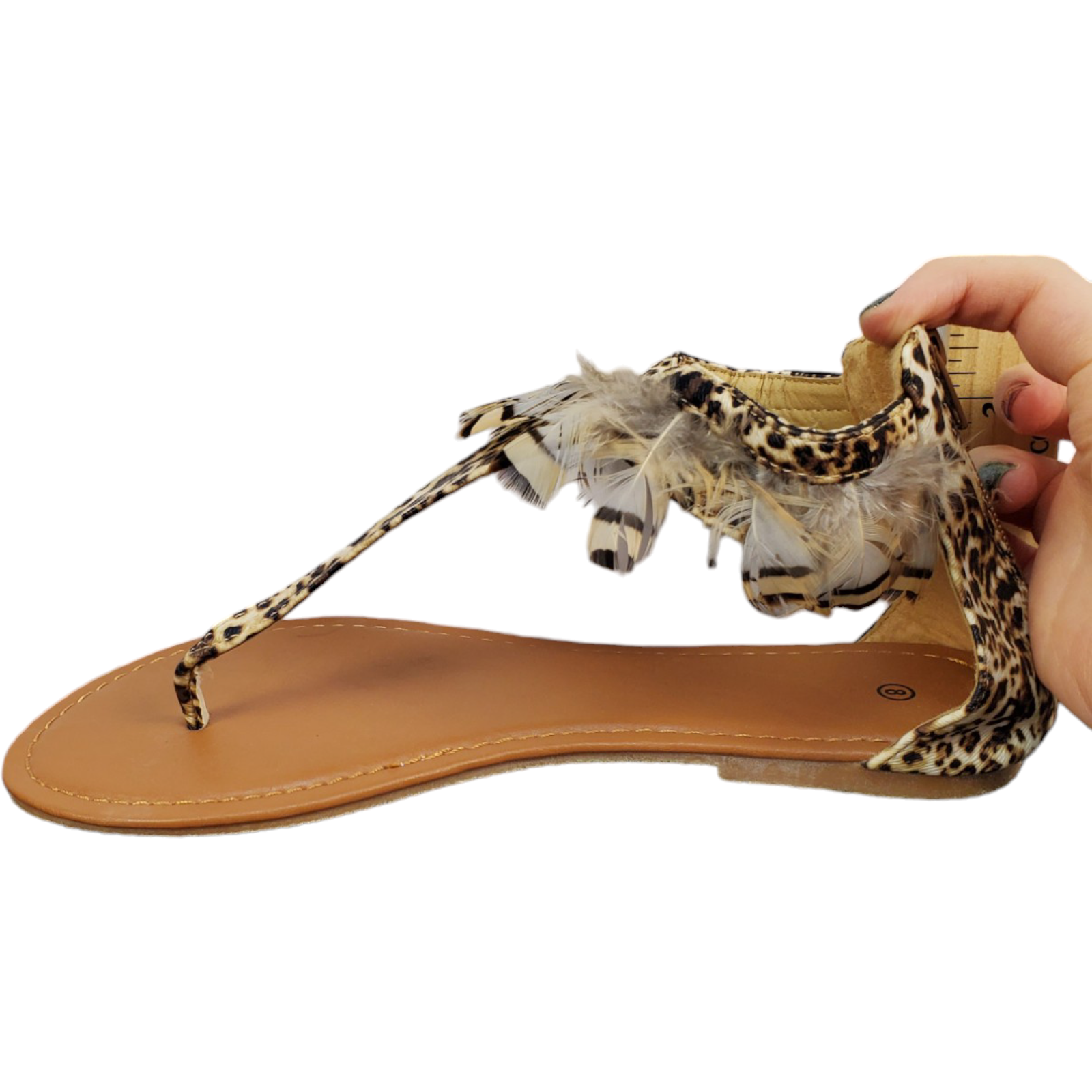 Womens Sandals Brown Feather Leopard Print Flats Heel Clip Toe Back Zipp... - $15.45