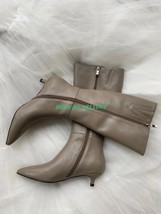 Grey Color Kitten Heel Boots Cow Leather Boots Side Zipper Sexy Pointed Toe Knee - £242.28 GBP