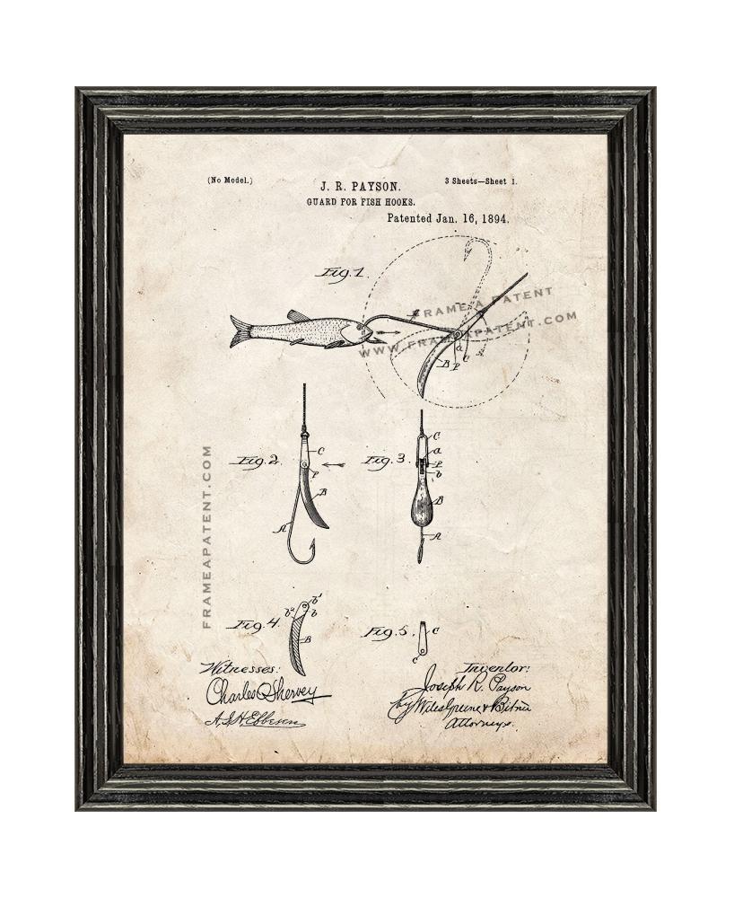 Guard For Fish Hooks Patent Print Old Look with Black Wood Frame - £20.00 GBP - £88.16 GBP