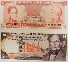 2 Notes from Banco Central De Venezuela Uncirculated: 5 &amp; 50 Bolivares - £3.89 GBP