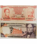 2 Notes from Banco Central De Venezuela Uncirculated: 5 &amp; 50 Bolivares - $5.46 CAD