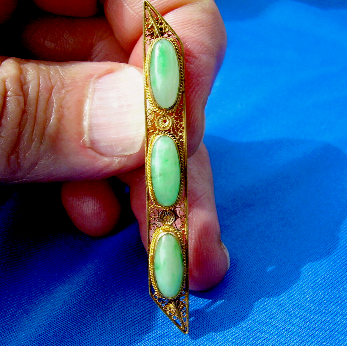Earth mined Jade Antique Deco Brooch Victorian Filigree Solid 14k Gold Bar Pin Item image 2