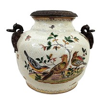 Art Pottery Vase Phoenix Birds Handles Western Kingbird Metal Rim - £38.15 GBP