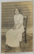 RPPC Lovely Woman Maymie Seated on Chair in Yard Pretty Dress Postcard R3 - £4.68 GBP