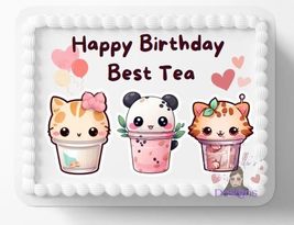 Best Tea Milk Tea Bestie Edible Image Edible Happy Birthday Cake Topper ... - £12.95 GBP