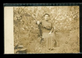 Vintage RPPC Photo Postcard Woman Shirtwaist Dress in Garden Blind in On... - £11.68 GBP