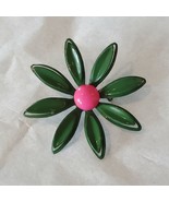 Vintage 50s Enameled Metal Flower Brooch Avocado Green Pink 1 5/8&quot; 3D - £18.55 GBP