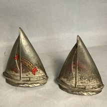 Vintage Metal Salt &amp; Pepper Sail Boat Shakers Souvenir From Pontiac Michigan - £19.74 GBP