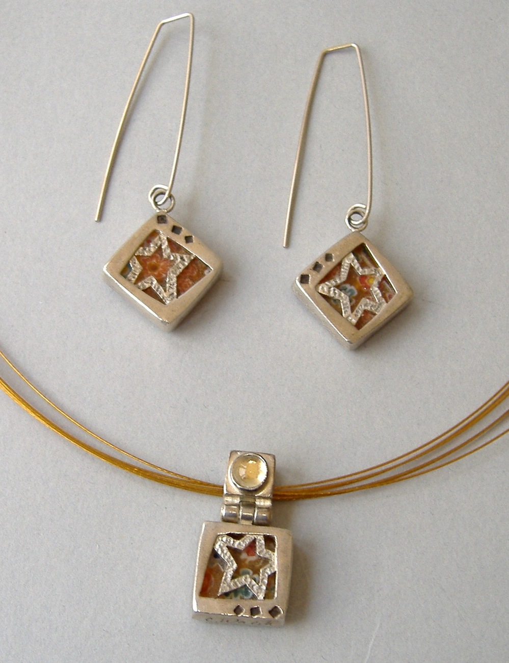 Primary image for Set Sterling Silver Star Mosaic Dangle Earrings Pendant Necklace Orange Floral