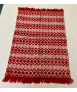 Vintage woven table scarf placemat red white pattern with fringe - $19.75