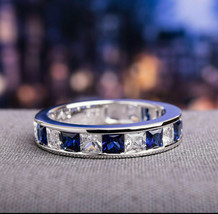Anniversary Band 3Ct Simulated Diamond &amp; Sapphire Ring 14K White Gold Size 8.5 - £205.16 GBP