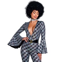 Playboy Disco Fever Jumpsuit Hologram Bunny Print Bell Bottoms Flared Belt PB165 - $97.99