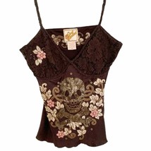 Soul Revival Brown Sequin Lace Embroidered Skull Cami Tank Y2K - £48.59 GBP
