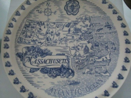 Vernon Kilns State of Massachusetts Collectible Map Plate Blue White - £42.57 GBP