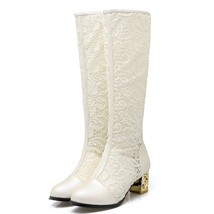 Spring Summer Boots Shoes Women Med Heels Knee Flower Lace Female Mujer Zipper G - £64.15 GBP