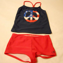 2-Piece Op Kid Girl Swim Suit Tankini Set Swimwear XS 4-5 Red Blue Peace... - $16.99
