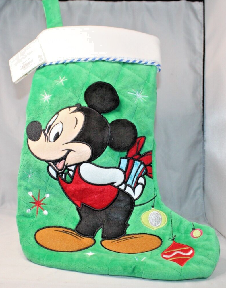 Disney Store Mickey Mouse Christmas Stocking Green Quilted Stitched 2014 - $39.40