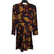 Zara Black with Orange Retro Floral Long Sleeve Dress Size XS  - £18.92 GBP