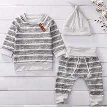 NWT Baby Boy Clothing Set Gray and White Striped Top Pants and Hat Outfit - £19.13 GBP