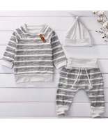 NWT Baby Boy Clothing Set Gray and White Striped Top Pants and Hat Outfit - £18.95 GBP