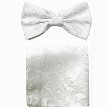 New Men White BUTTERFLY Bow tie And Pocket Square Handkerchief Set Wedding - $10.85