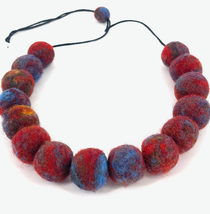Lightweight red and blue, one of a kind, handmade statement felted wool ball nec - £99.91 GBP