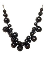 Black Cluster Boho Glossy Bead Necklace With Adjustable Gray Ribbon Tie ... - $39.67 CAD